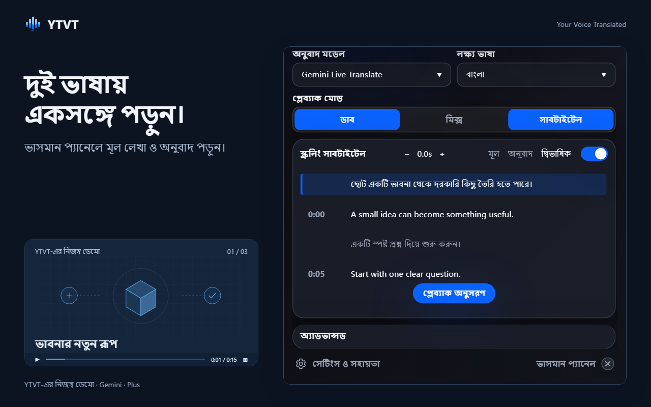 স্ক্রলিং সাবটাইটেল প্যানেল, যেখানে প্রতিটি মূল লাইনের সঙ্গে অনুবাদ আর বলার সময় দেখা যায়।