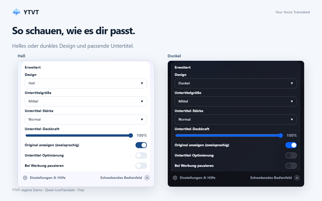 Die Einstellungen unter Erweitert im hellen und dunklen Design, mit Größe, Schriftstärke und Deckkraft der Untertitel.