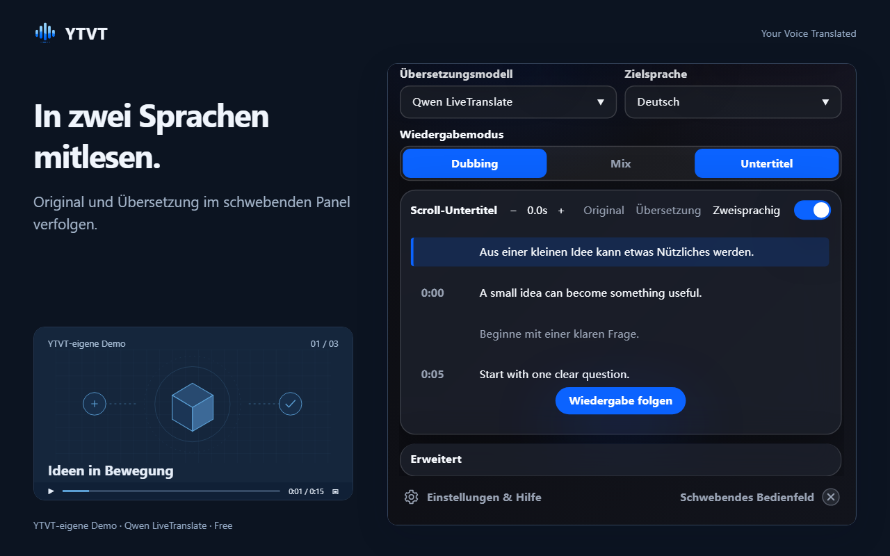 Das Panel mit Scroll-Untertiteln: jede Originalzeile mit Übersetzung und dem Zeitpunkt, an dem sie gesprochen wurde.