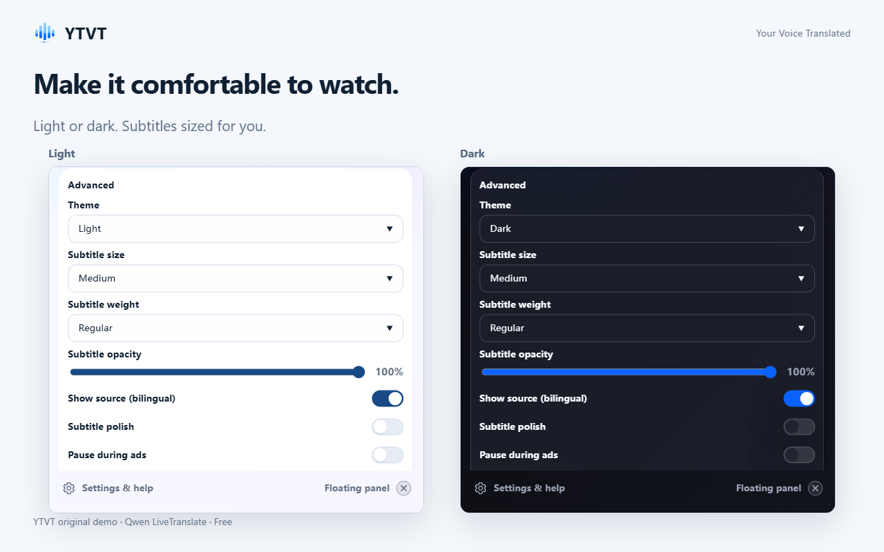 The Advanced settings in the light and dark themes, with subtitle size, weight and opacity.