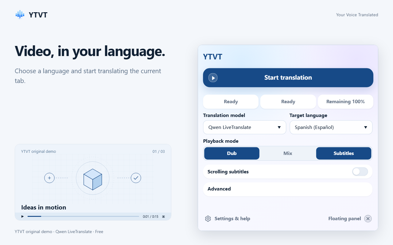 The YTVT window with the Start translation button, the Translation model and Target language menus, and the playback mode buttons.