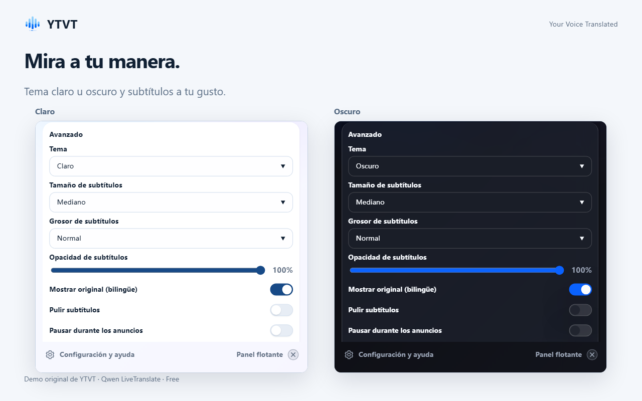 La configuración Avanzado en los temas claro y oscuro, con el tamaño, el grosor y la opacidad de los subtítulos.