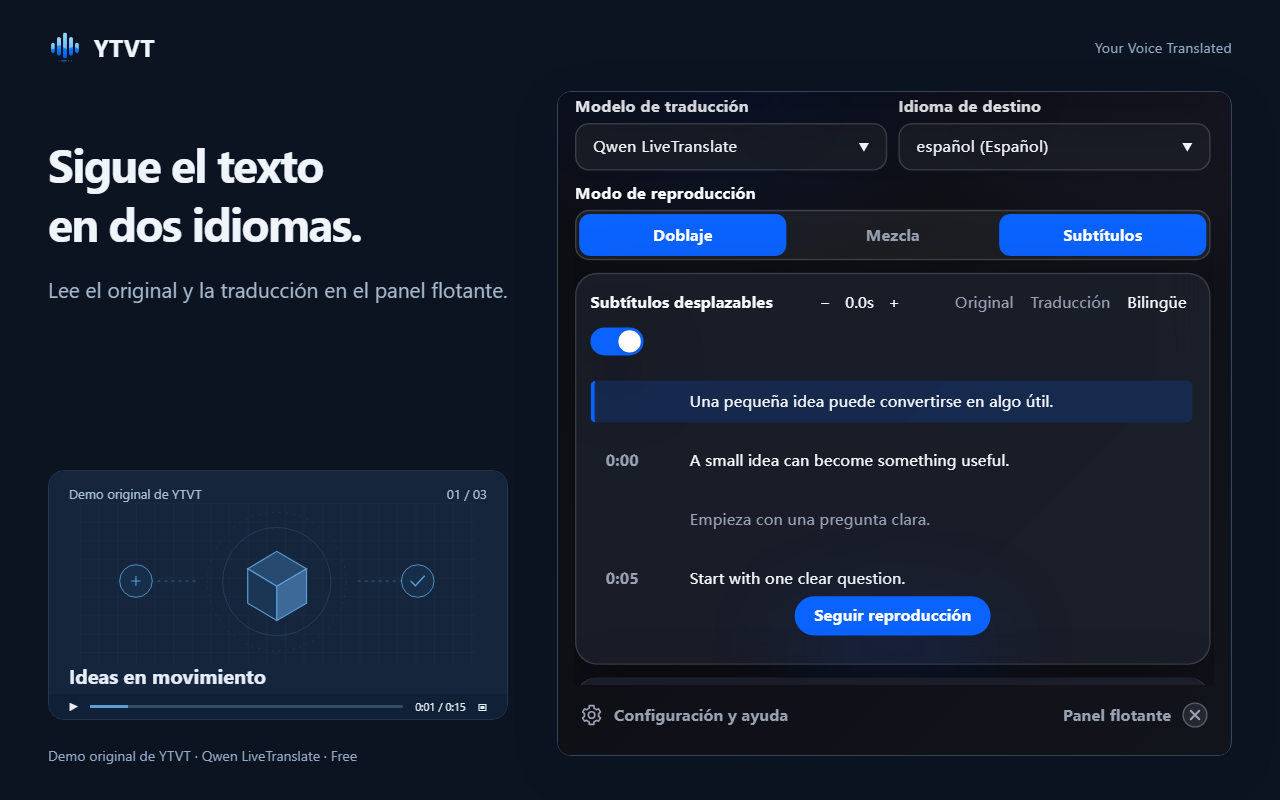 El panel de subtítulos desplazables con cada línea original, su traducción y el momento en que se dijo.