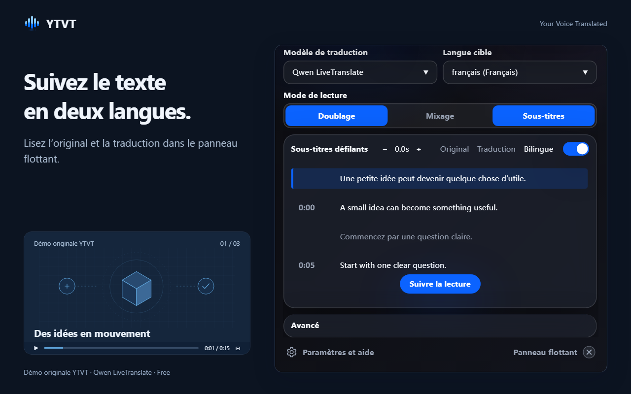 Le panneau des sous-titres défilants, avec chaque ligne originale, sa traduction et le moment où elle a été prononcée.