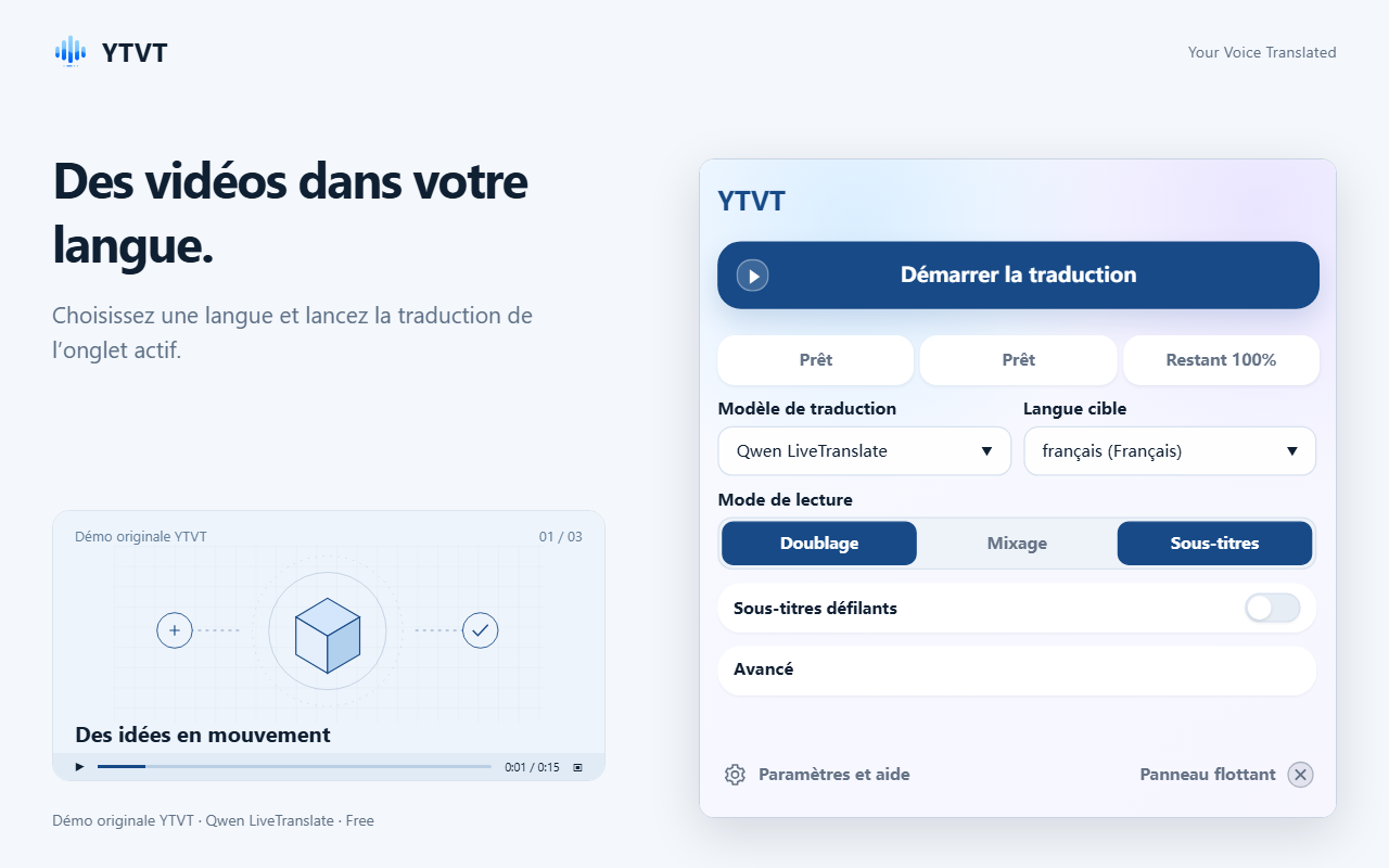 La fenêtre YTVT avec le bouton Démarrer la traduction, les menus Modèle de traduction et Langue cible, et les boutons du mode de lecture.
