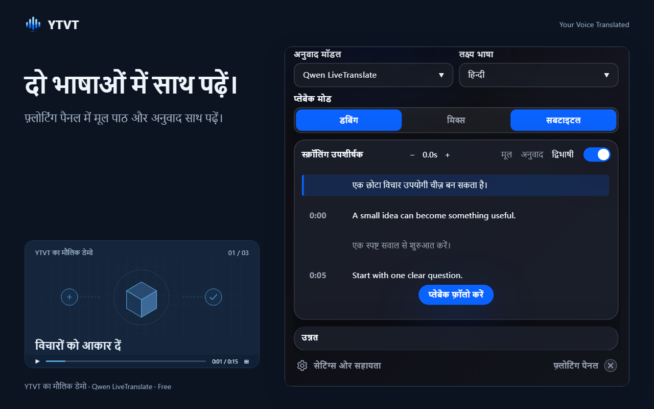 स्क्रॉलिंग उपशीर्षक पैनल, जिसमें हर मूल पंक्ति के साथ उसका अनुवाद और बोले जाने का समय है।
