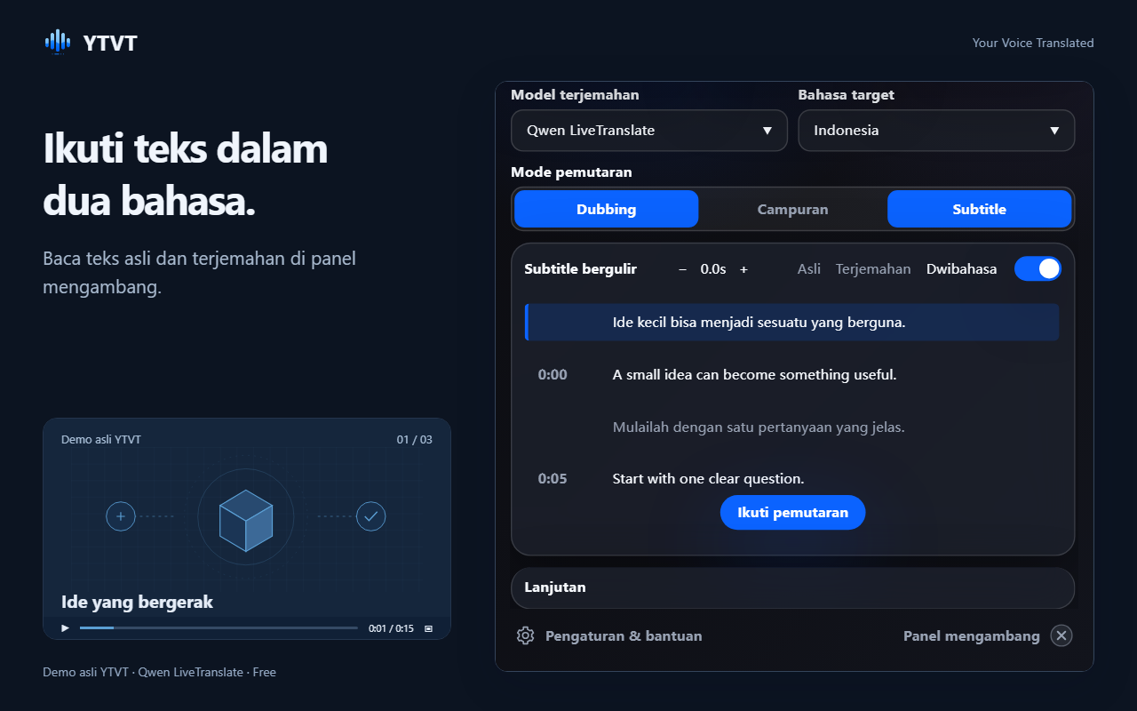Panel subtitle bergulir yang menampilkan setiap baris asli beserta terjemahan dan waktu diucapkannya.