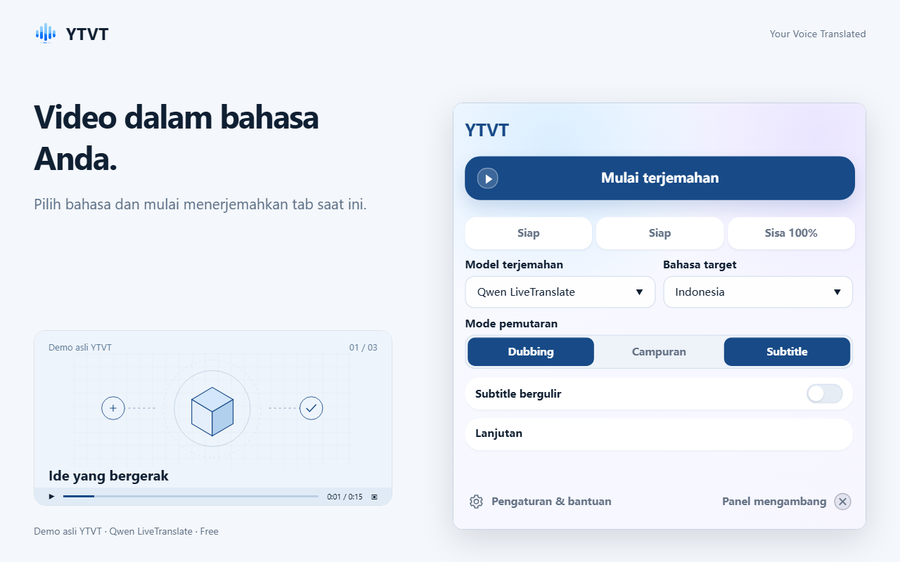 Jendela YTVT dengan tombol Mulai terjemahan, menu Model terjemahan dan Bahasa target, serta tombol mode pemutaran.