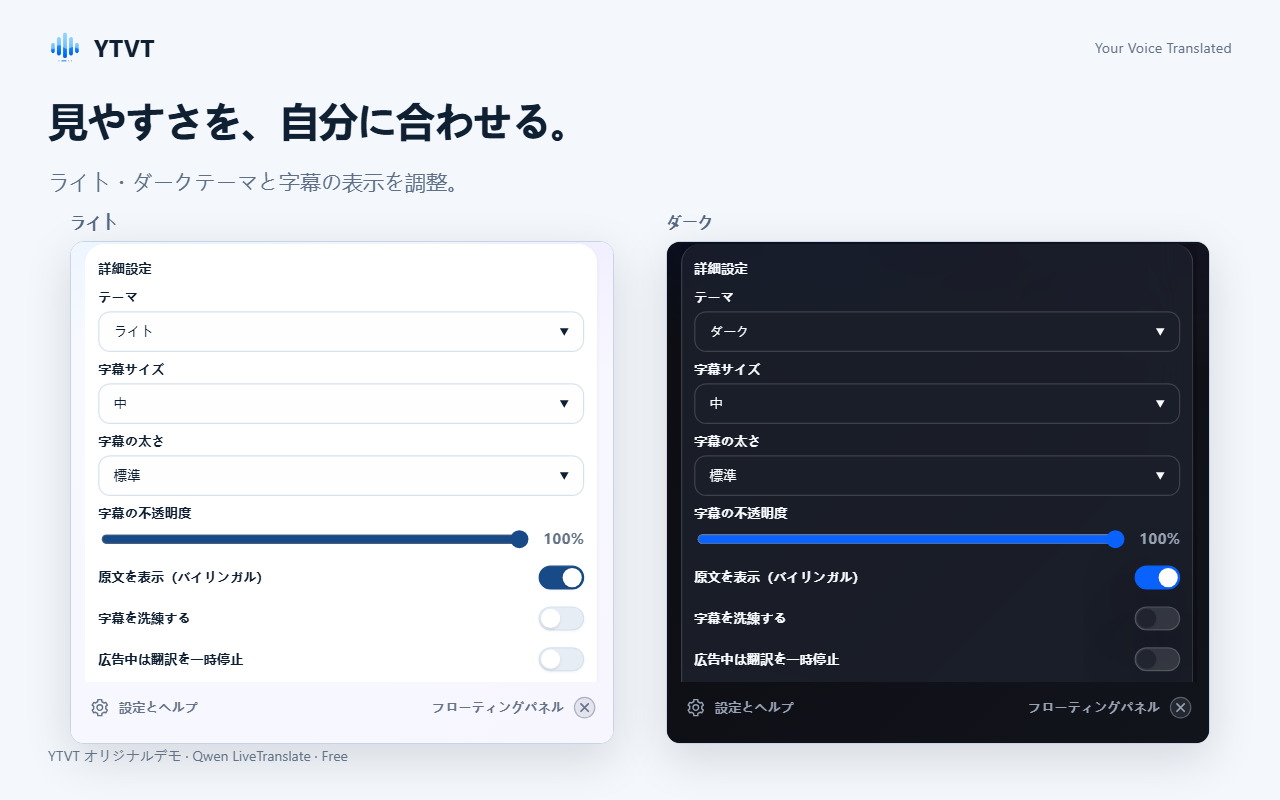 ライトテーマとダークテーマの「詳細設定」。字幕のサイズ、太さ、不透明度を変更できます。