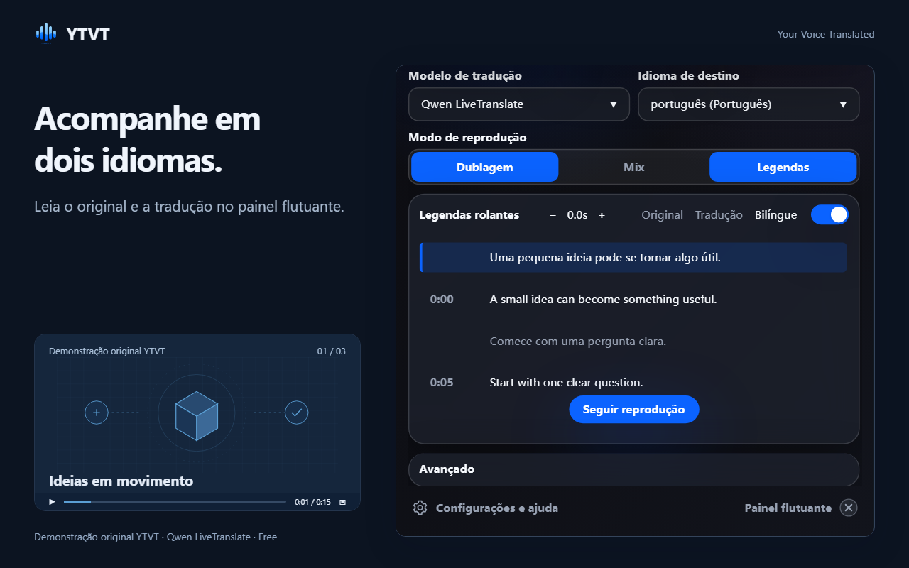 O painel de legendas rolantes mostrando cada linha original com a tradução e o momento em que foi dita.