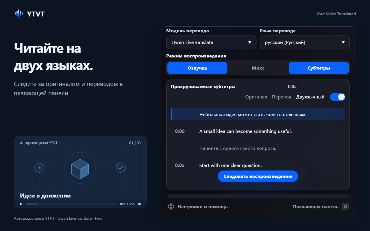Панель прокручиваемых субтитров: каждая строка оригинала с переводом и временем, когда она прозвучала.