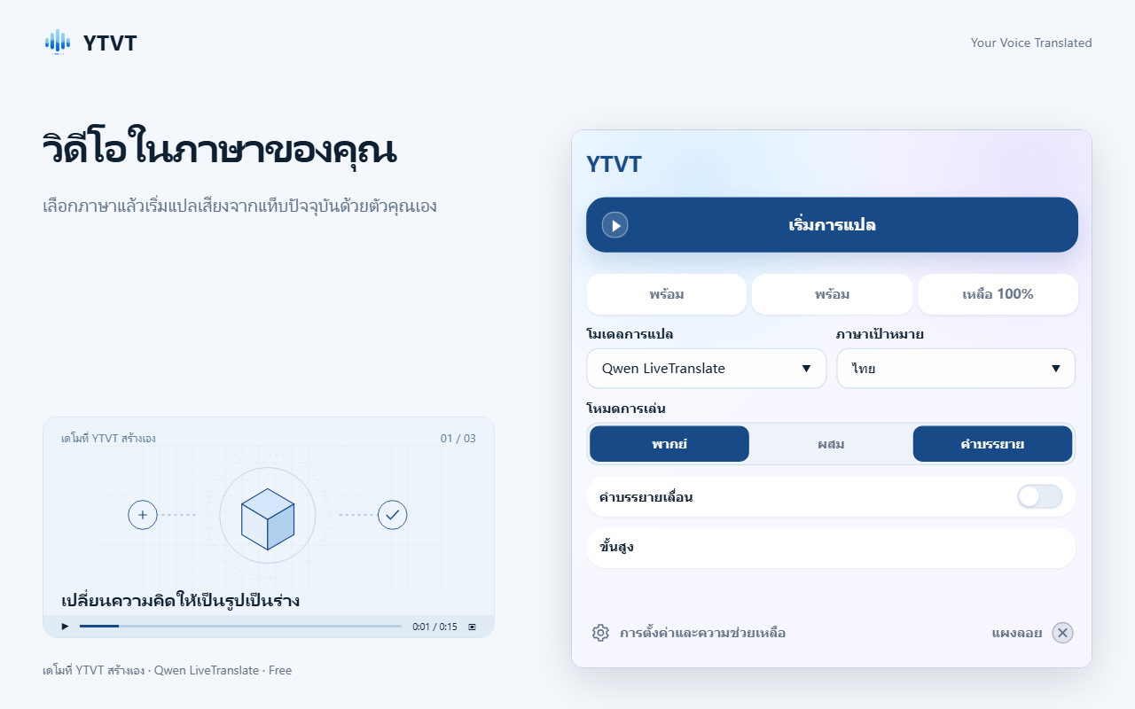 หน้าต่าง YTVT ที่มีปุ่มเริ่มการแปล เมนูโมเดลการแปลและภาษาเป้าหมาย และปุ่มโหมดการเล่น