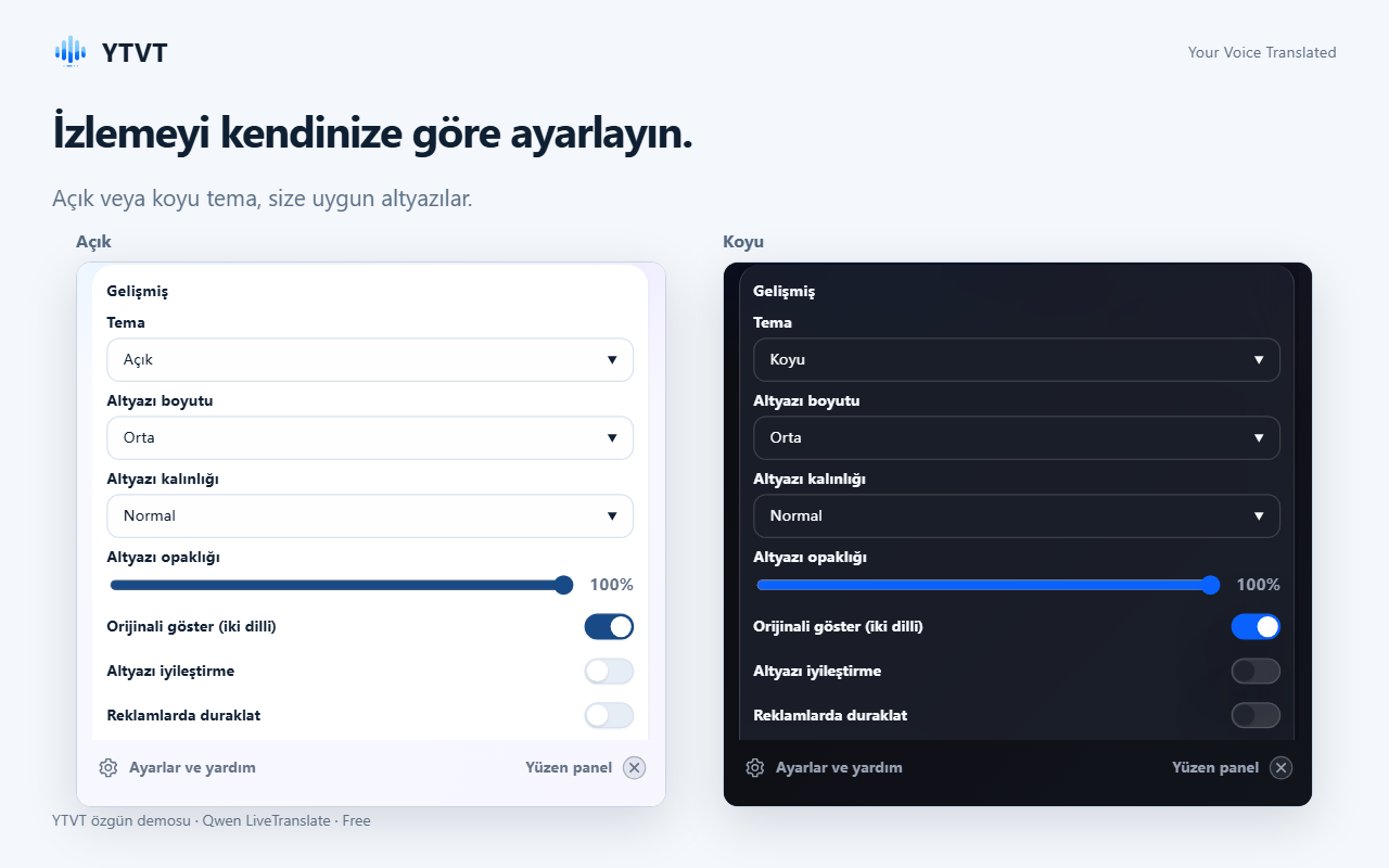 Açık ve koyu temada Gelişmiş ayarları; altyazı boyutu, kalınlığı ve opaklığı.