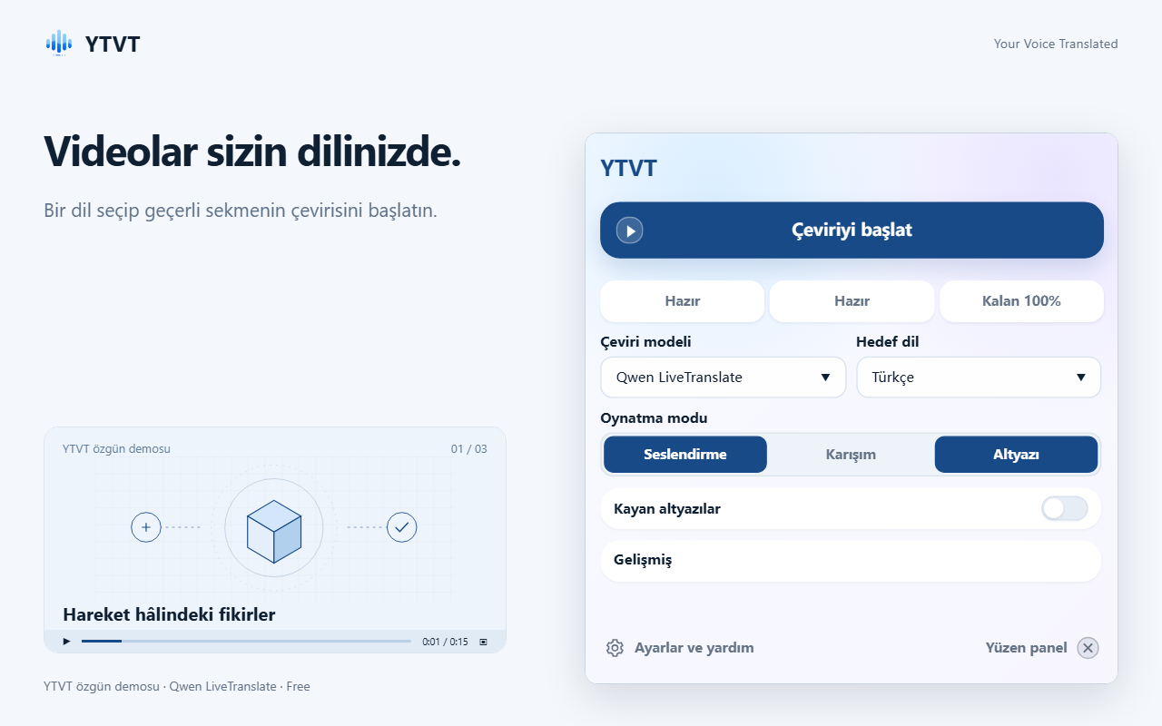 Çeviriyi başlat düğmesi, Çeviri modeli ve Hedef dil menüleri ile oynatma modu düğmelerinin bulunduğu YTVT penceresi.