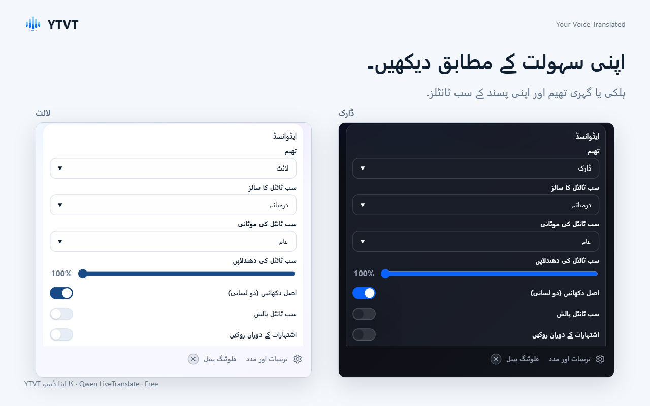 لائٹ اور ڈارک تھیم میں ایڈوانسڈ سیٹنگز، جن میں سب ٹائٹلز کا سائز، موٹائی اور دھندلاپن ہے۔