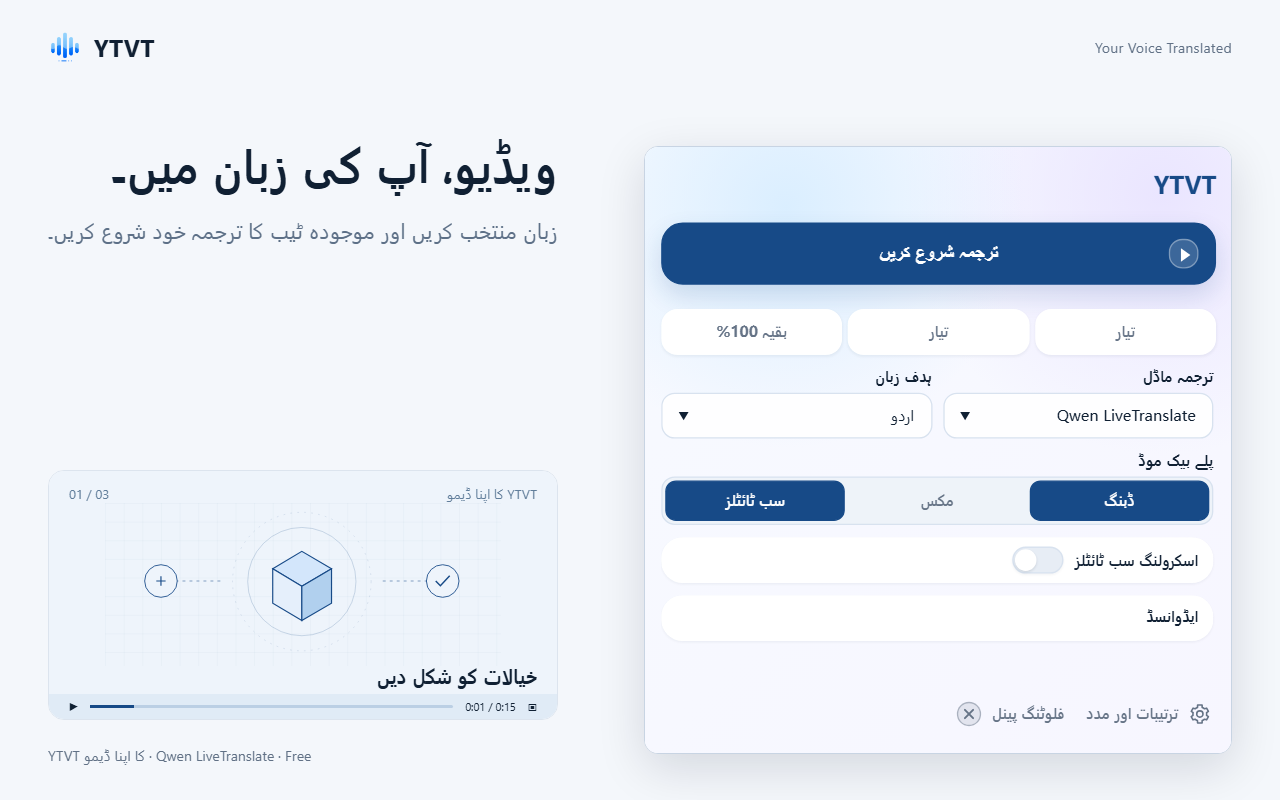 YTVT ونڈو، جس میں ترجمہ شروع کریں بٹن، ترجمہ ماڈل اور ہدف زبان کے مینو، اور پلے بیک موڈ کے بٹن ہیں۔