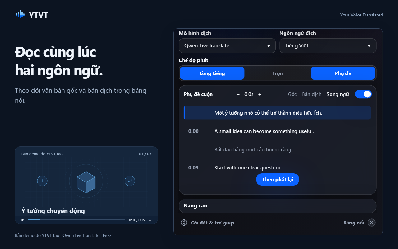 Bảng phụ đề cuộn hiển thị từng dòng gốc kèm bản dịch và thời điểm được nói.