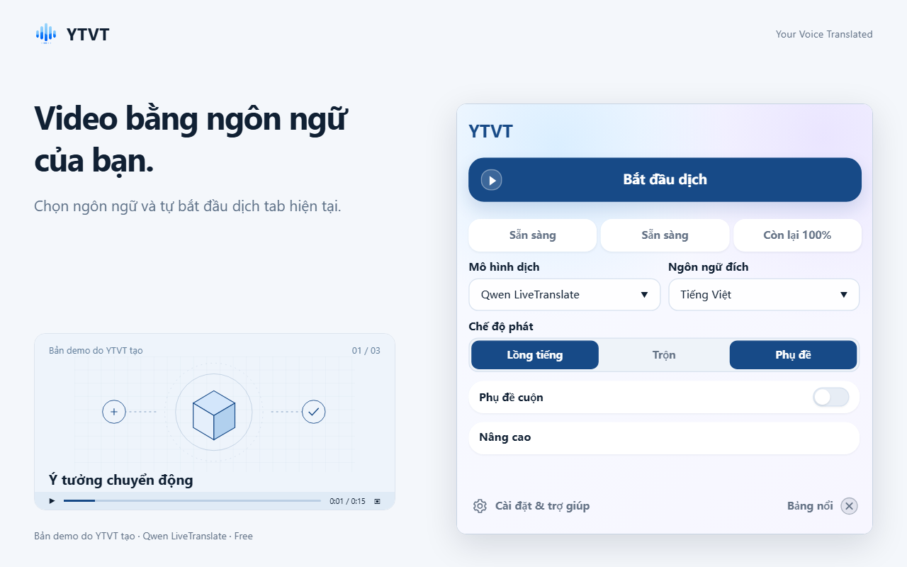 Cửa sổ YTVT với nút Bắt đầu dịch, menu Mô hình dịch và Ngôn ngữ đích, cùng các nút chế độ phát.